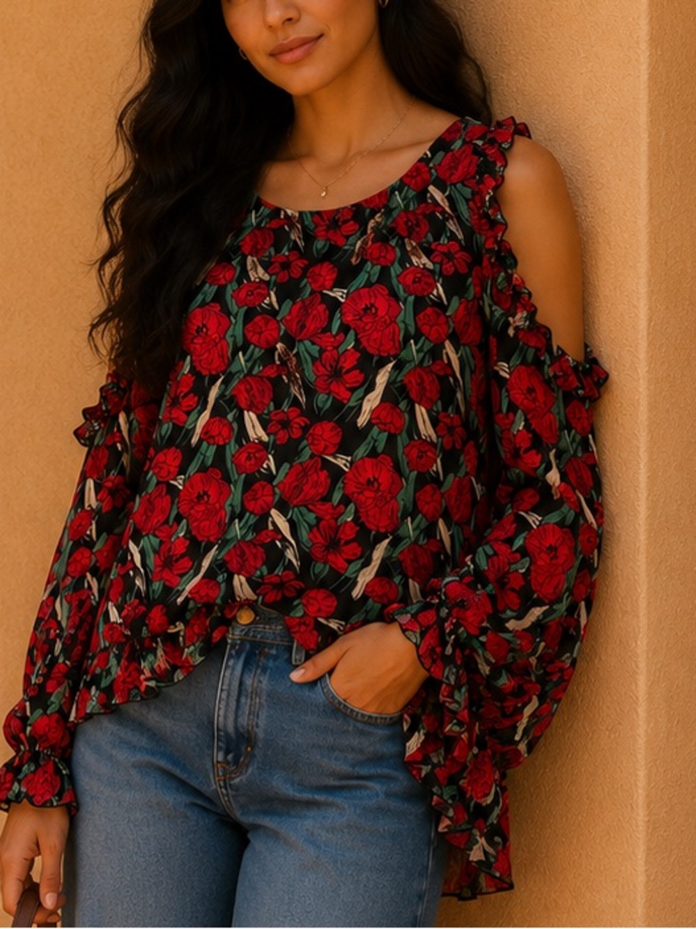 Krazy Kat Floral Cold Shoulder Blouse Women’s Medium Red Black Ruffle Sleeve Top